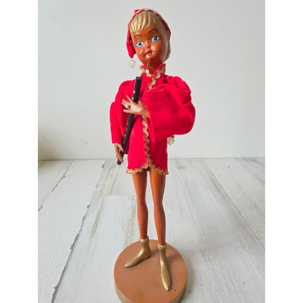 Vintage tilso pixie elf red flute statue figurine Xmas felt